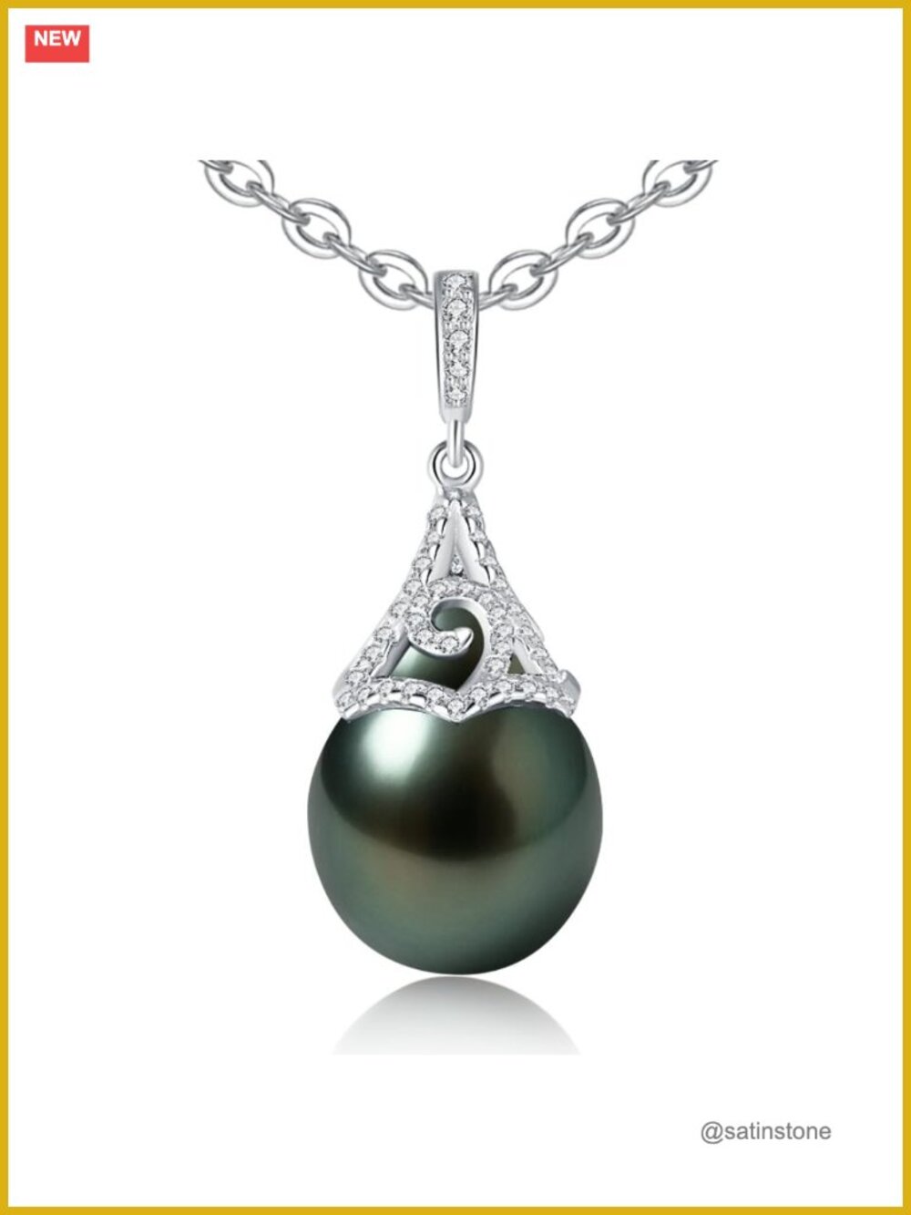 Tahitian Black Pearl Necklace 9-12mm AAAA Sterling Silver Moissanite Pendant